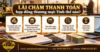 Infographic lãi chậm thanh toán hợp đồng thương mại: hợp đồng, máy tính, tiền và 5 điểm cần nhớ