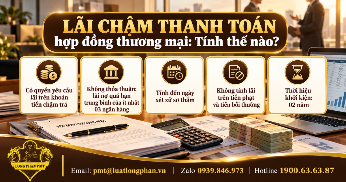 Infographic lãi chậm thanh toán hợp đồng thương mại: hợp đồng, máy tính, tiền và 5 điểm cần nhớ