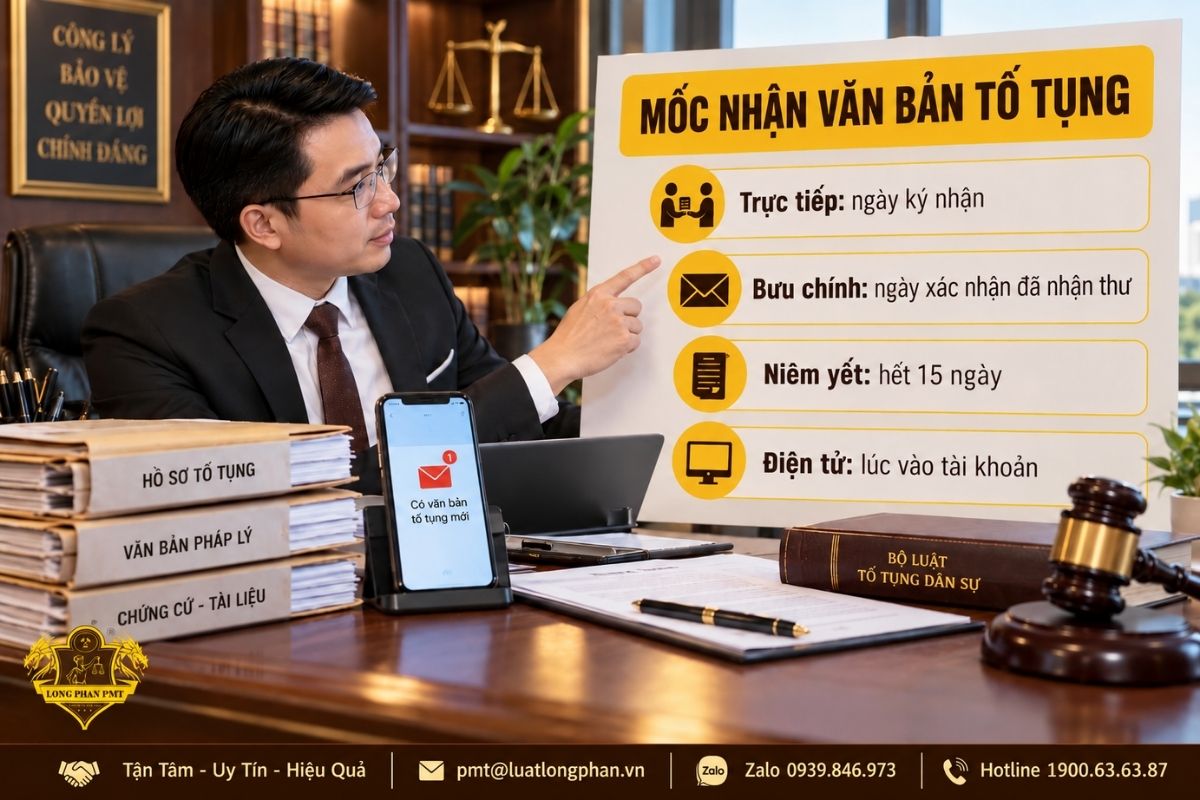 Luật sư chỉ bảng mốc nhận văn bản tố tụng theo từng phương thức tống đạt: trực tiếp, bưu chính, niêm yết, điện tử