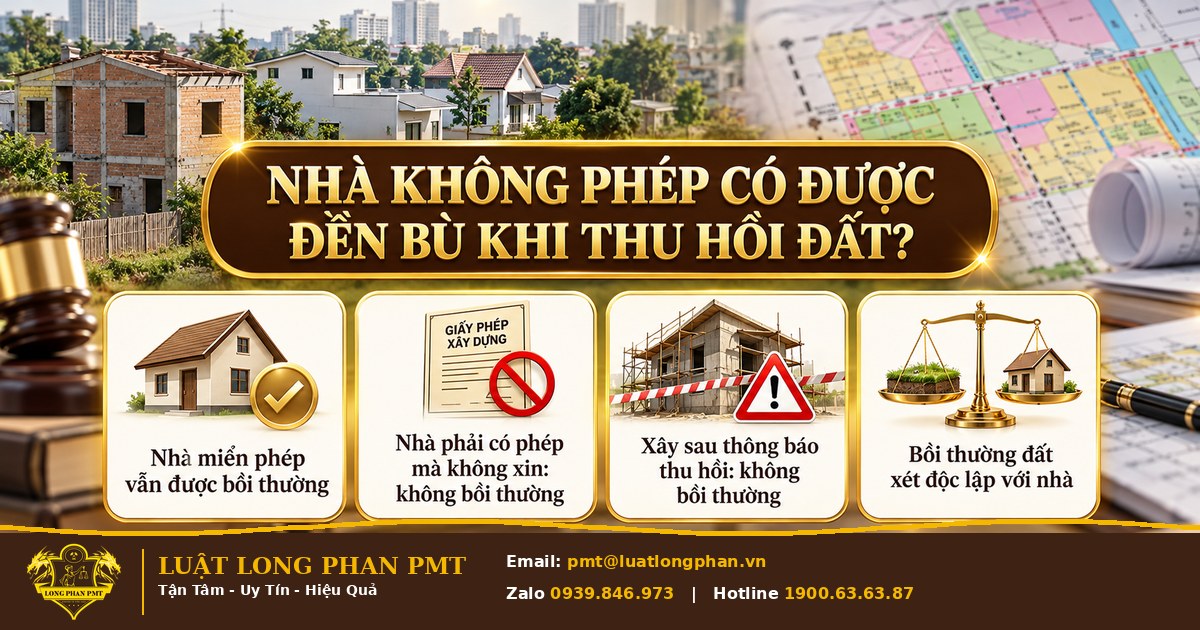 Infographic nhà không phép có được đền bù khi thu hồi đất: miễn phép, phải có phép, xây sau thông báo thu hồi