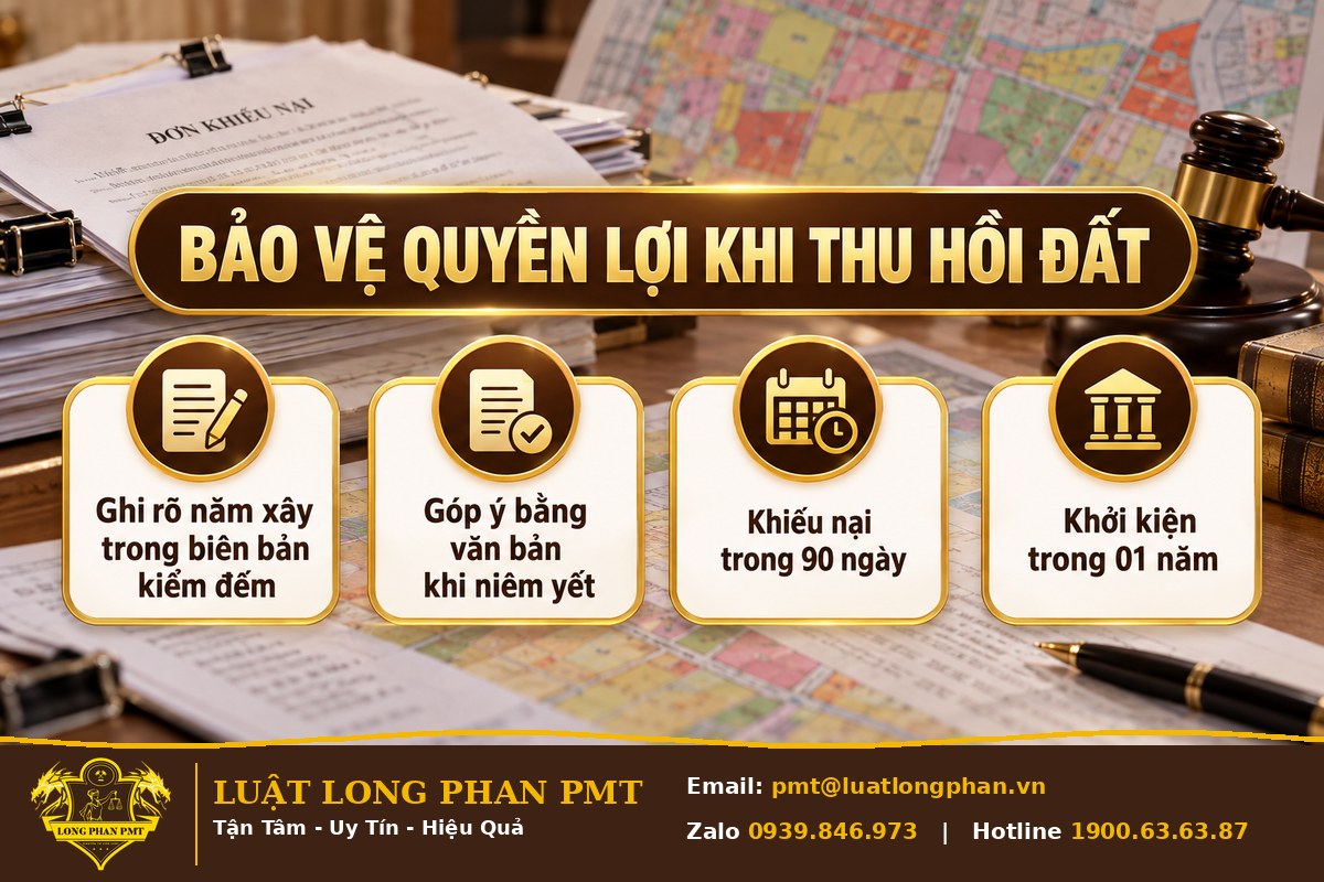 Infographic bảo vệ quyền lợi khi thu hồi đất: ghi năm xây, góp ý bằng văn bản, khiếu nại và khởi kiện