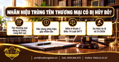 Infographic nhãn hiệu trùng tên thương mại có bị hủy bỏ theo điểm k khoản 2 Điều 74 Luật SHTT, dự thảo án lệ 31/2026