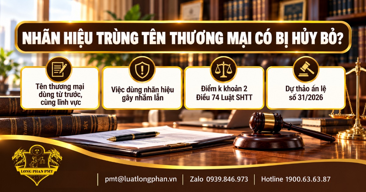 Infographic nhãn hiệu trùng tên thương mại có bị hủy bỏ theo điểm k khoản 2 Điều 74 Luật SHTT, dự thảo án lệ 31/2026