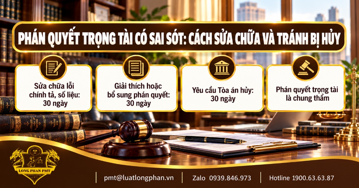 Infographic phán quyết trọng tài có sai sót: sửa chữa, giải thích, bổ sung trong 30 ngày và yêu cầu Tòa án hủy