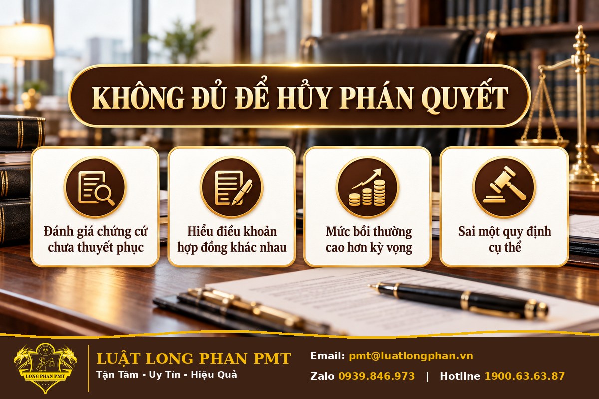 Infographic các lý do không đủ để hủy phán quyết trọng tài: đánh giá chứng cứ, hiểu hợp đồng khác nhau, mức bồi thường