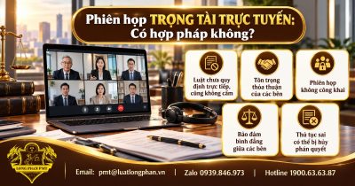 Infographic phiên họp trọng tài trực tuyến: laptop họp video, hồ sơ tranh chấp và 5 điểm về tính hợp pháp