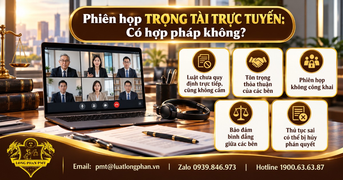 Phiên họp trọng tài trực tuyến: Có hợp pháp không? Infographic phiên họp trọng tài trực tuyến: laptop họp video, hồ sơ tranh chấp và 5 điểm về tính hợp pháp
