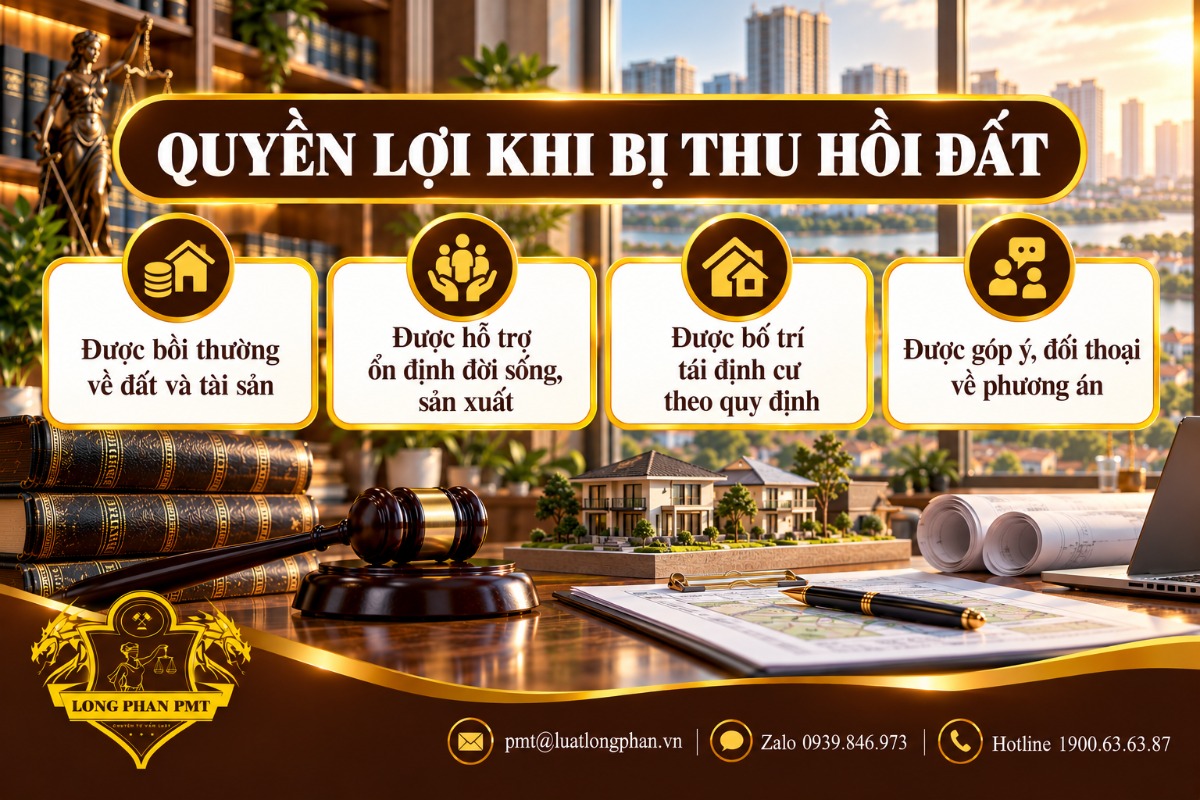 Infographic quyền lợi của người bị thu hồi đất khi giải tỏa: bồi thường, hỗ trợ, tái định cư, đối thoại về phương án