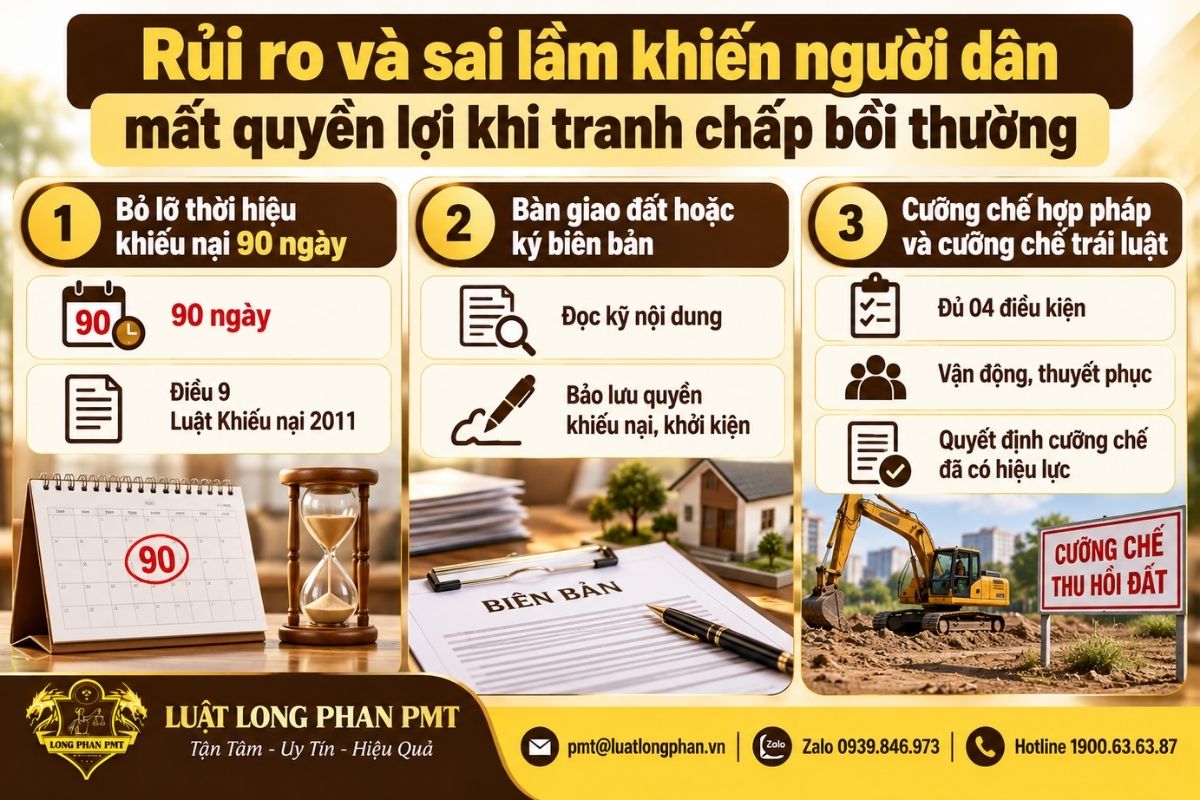 Các rủi ro khi tranh chấp bồi thường, gồm bỏ lỡ thời hiệu khiếu nại 90 ngày và cưỡng chế trái luật