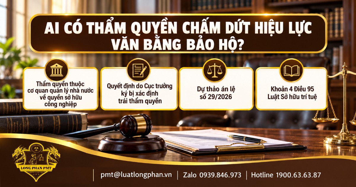 Ai có thẩm quyền chấm dứt hiệu lực văn bằng bảo hộ? Infographic thẩm quyền chấm dứt hiệu lực văn bằng bảo hộ theo khoản 4 Điều 95 Luật Sở hữu trí tuệ, dự thảo án lệ 29/2026