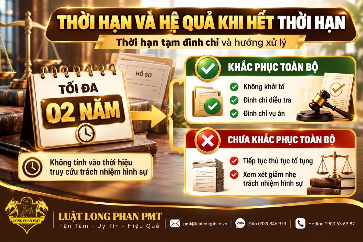 Thời hạn tạm hoãn tối đa 02 năm và hệ quả pháp lý khi hết thời hạn tạm đình chỉ.