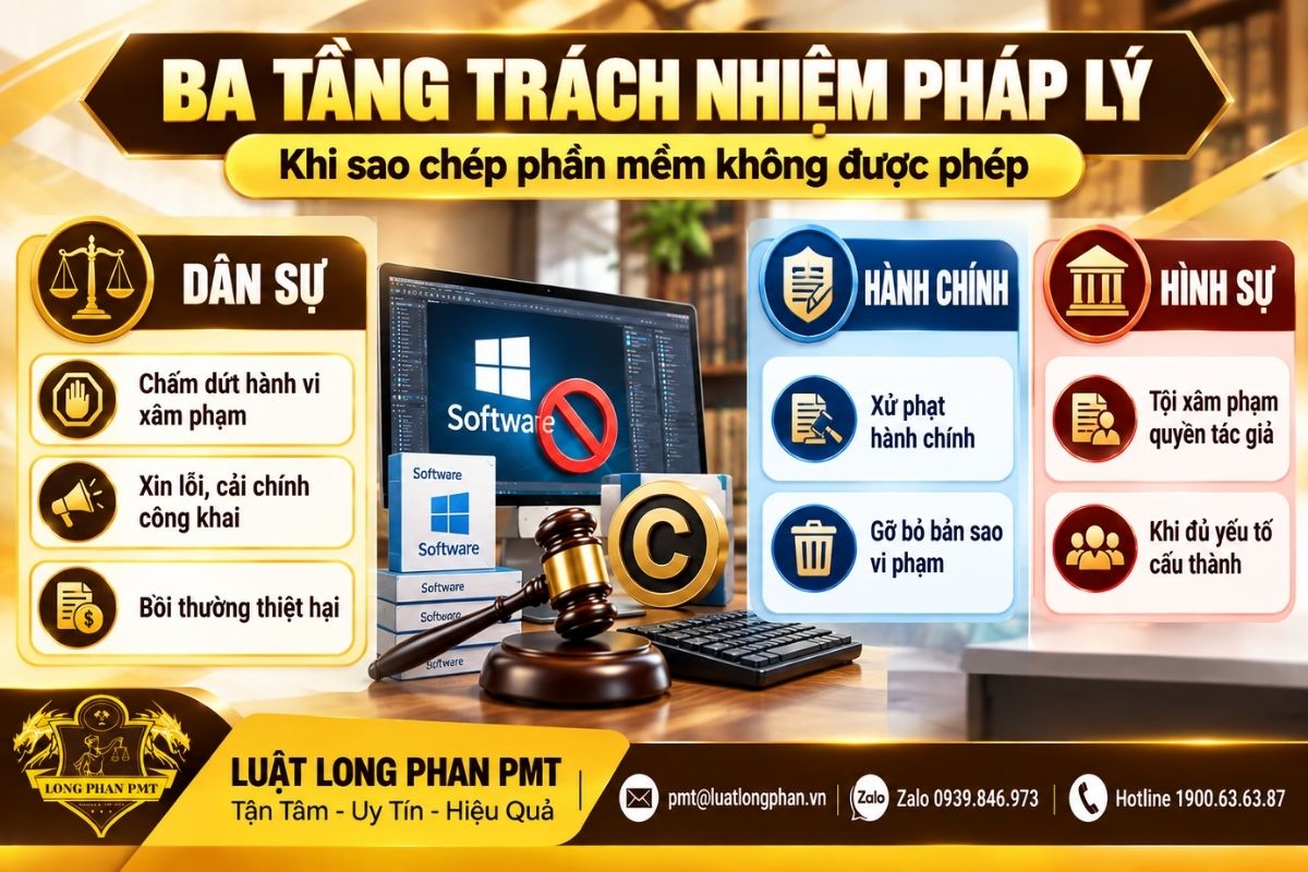 Trách nhiệm sử dụng phần mềm không bản quyền gồm biện pháp dân sự, hành chính và hình sự.