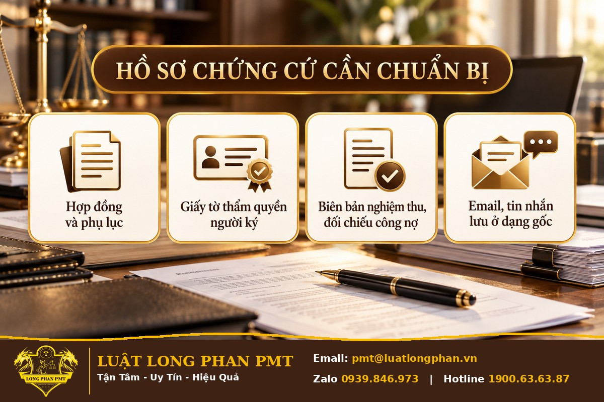 Infographic hồ sơ chứng cứ khi tranh chấp với doanh nghiệp nhà nước: hợp đồng, thẩm quyền người ký, nghiệm thu, email gốc