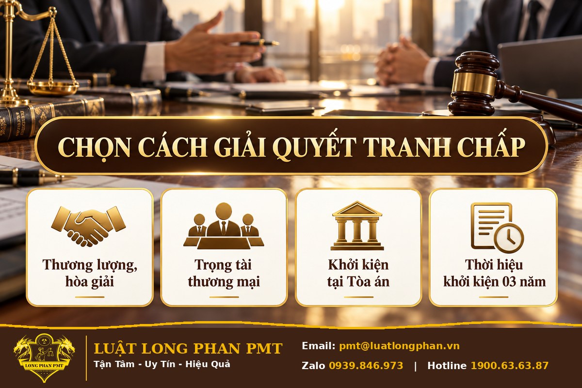 Infographic các cách giải quyết tranh chấp: thương lượng, hòa giải, trọng tài thương mại, Tòa án, thời hiệu 03 năm