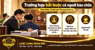 Trường hợp bắt buộc có người bào chữa theo Điều 76 Bộ luật Tố tụng hình sự: khung hình phạt 20 năm tù, người dưới 18 tuổi