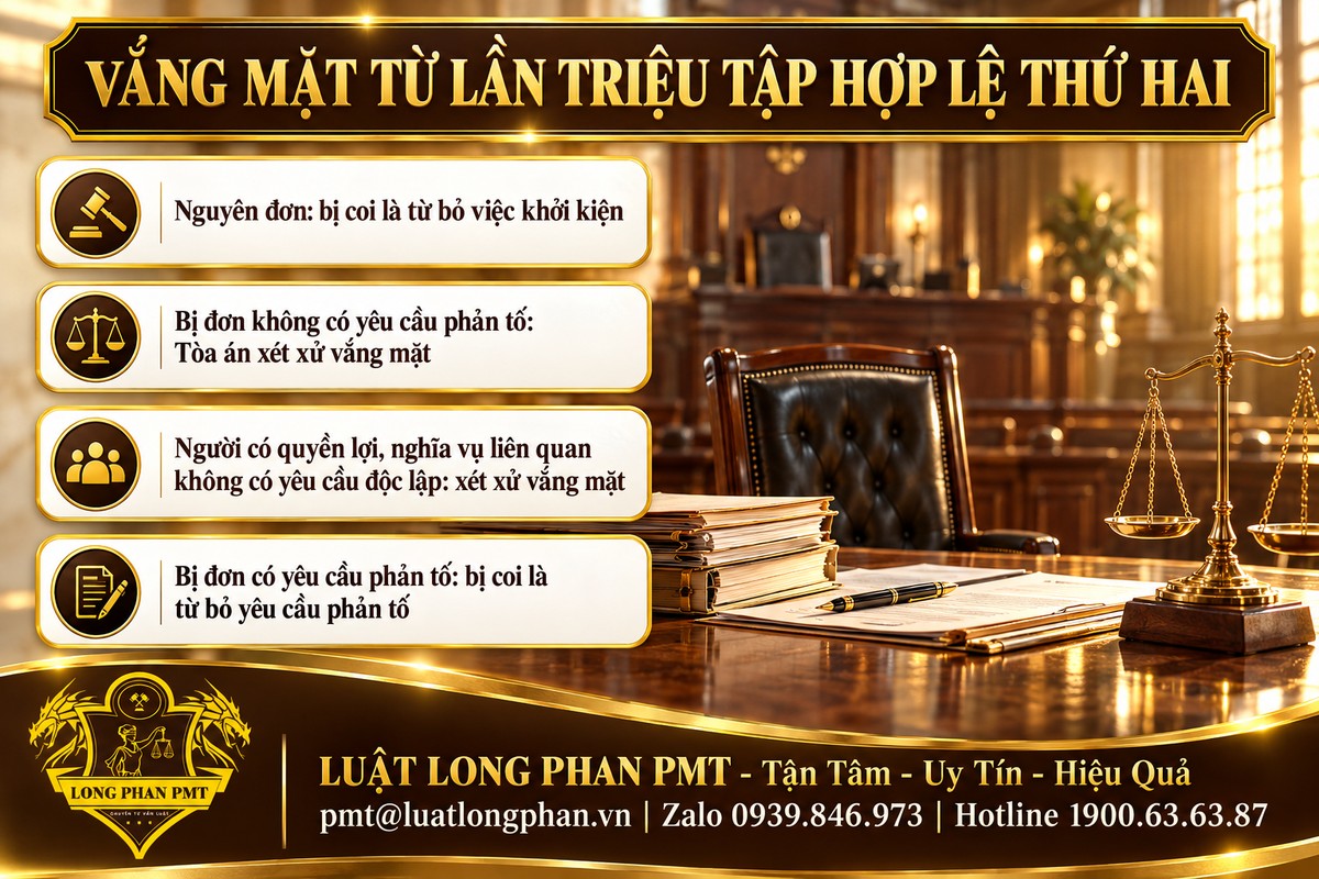 Ghế trống phòng xét xử và bốn hậu quả khi đương sự vắng mặt từ lần triệu tập hợp lệ thứ hai
