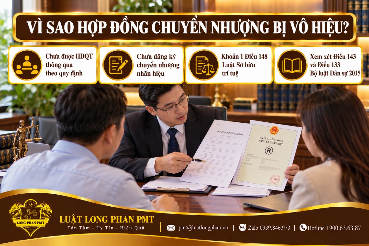 Luật sư cầm hợp đồng và giấy chứng nhận nhãn hiệu giải thích lý do hợp đồng vô hiệu